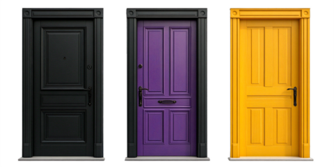 three colorful doors, black door, purple door, yellow door, side by side, minimalistic design, high contrast, white background
