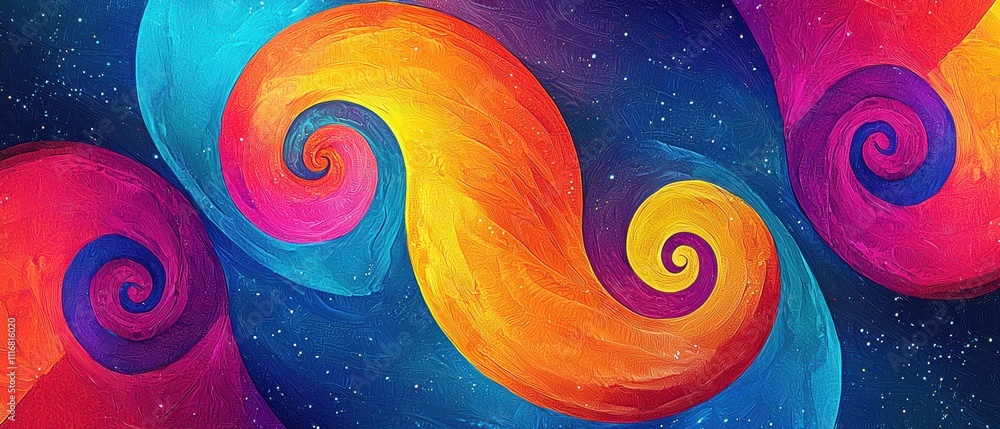 Poster vibrant neon spiral patterns showcasing dynamic art in a cosmic setting