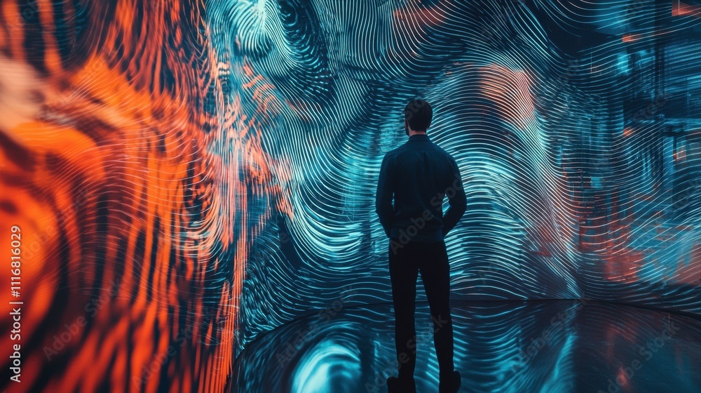Poster engineer analyzing repeating wave patterns in immersive digital environment