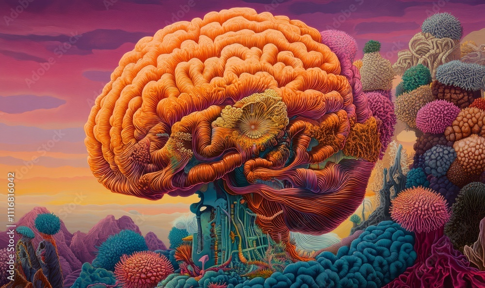 Poster this image depicts a highly detailed and colorful rendering of a human brain, featuring its intricat