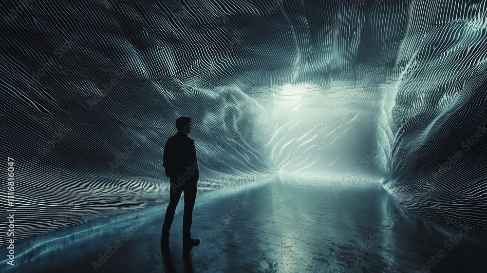 Poster engineer analyzing repeating wave patterns in an immersive digital environment
