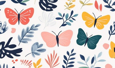 Spring butterfly pattern, retro, vintage, soft, pink and blue, pattern, flat 2d minimalist, colorful butterflies, leaves, branches, stylised