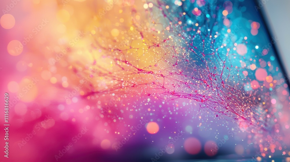 Poster dynamic neural connections emanating from a programmer's lap in a colorful digital landscape