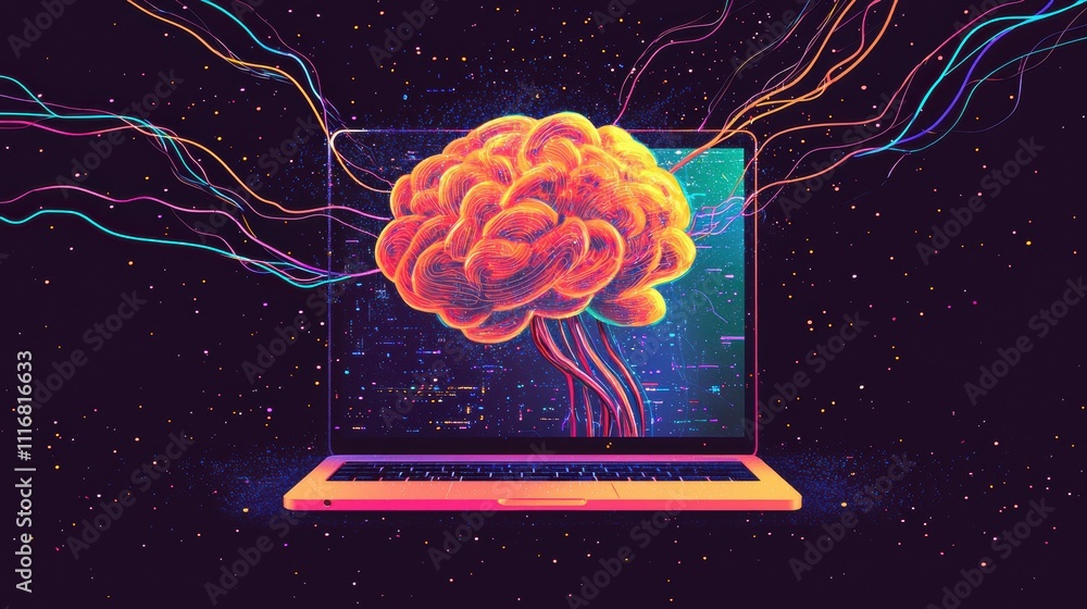 Poster vibrant neural networks from programmer's laptop in futuristic digital art