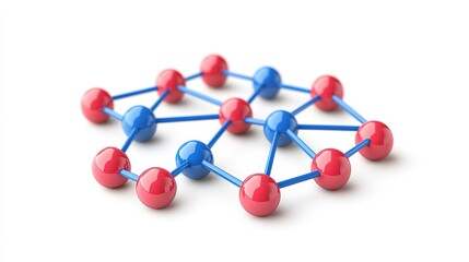 Obraz premium A colorful molecular model featuring red and blue spheres connected by rods, illustrating the structure of a chemical compound.