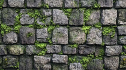 Fototapeta premium Stone brick wall with rough texture and subtle moss growth, realistic surface 