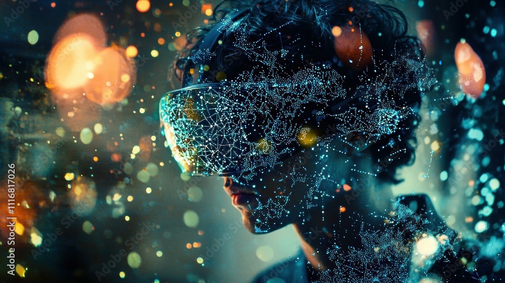 Poster futuristic abstract art immersive digital patterns in virtual reality urban settings