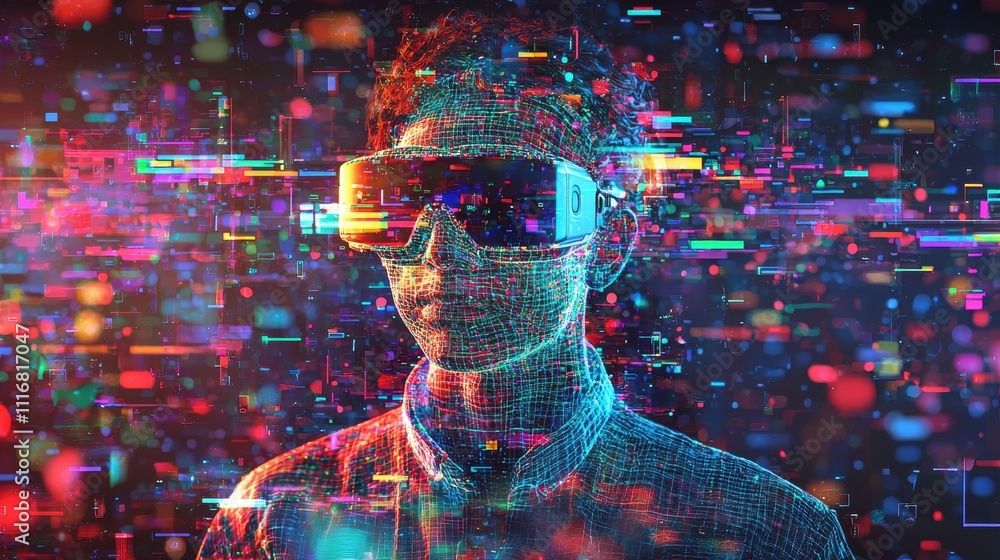 Poster immersive neural network patterns blending into a futuristic tech landscape