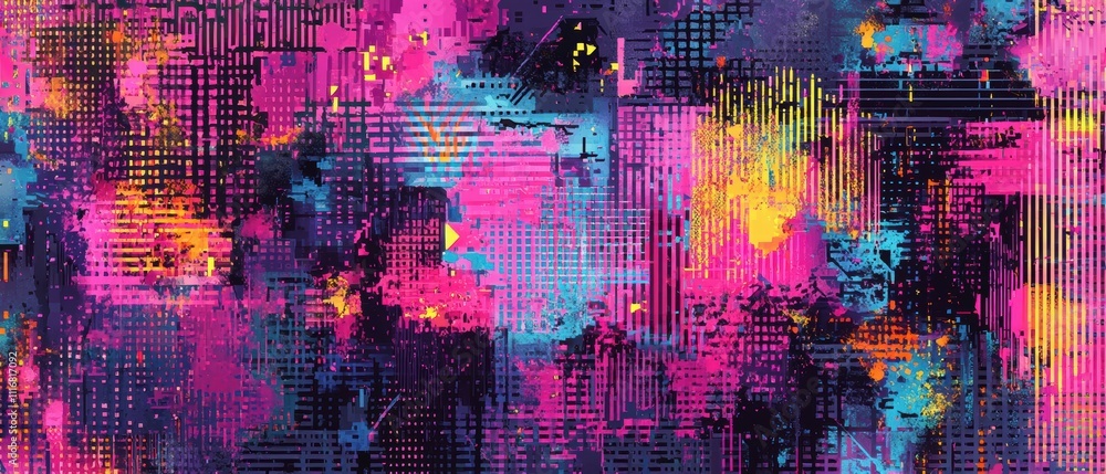 Poster digital camouflage patterns futuristic urban art with cyberpunk pixelation and color
