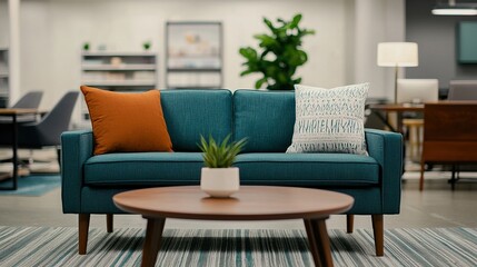 Fototapeta premium A modern living room features a teal couch with orange and patterned pillows, complemented by a round coffee table and decorative plant.