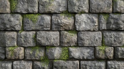 Fototapeta premium Stone brick wall with rough texture and subtle moss growth, realistic surface 