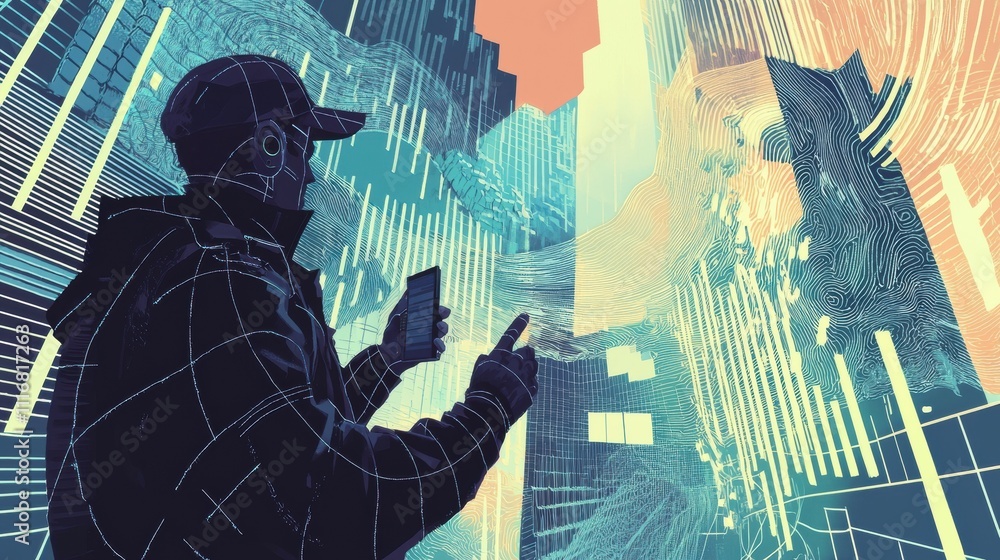Poster close-up view of engineer analyzing repeating urban wave patterns in digital art