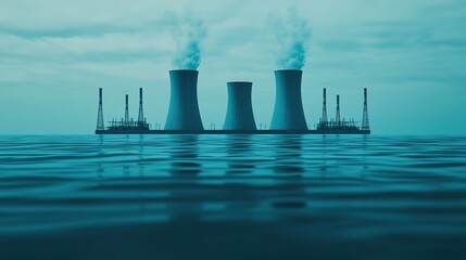 Obraz premium A serene view of cooling towers emitting steam, set against a tranquil water backdrop, highlighting industrial energy production.