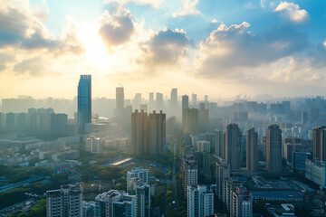 Obraz premium Cityscape at Dawn with Golden Light Reflecting on Skyscrapers in a Bustling City of Business and Globalization