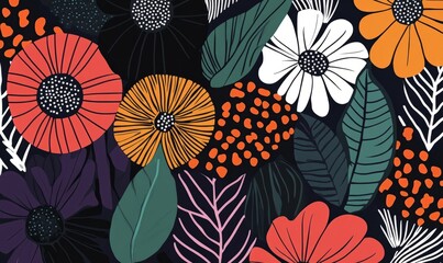 fabric pattern, Retro floral, textiles,  flat, 2d, minimalist, black, background, earthy tones, brown, red, yellow, green, simple, 60s, 70s, sixties, seventies, flower power, abstract vintage