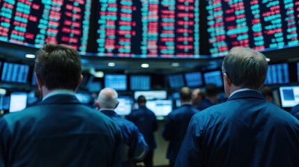 Traders observe stock market data on screens displaying fluctuating prices and charts in a trading room environment.