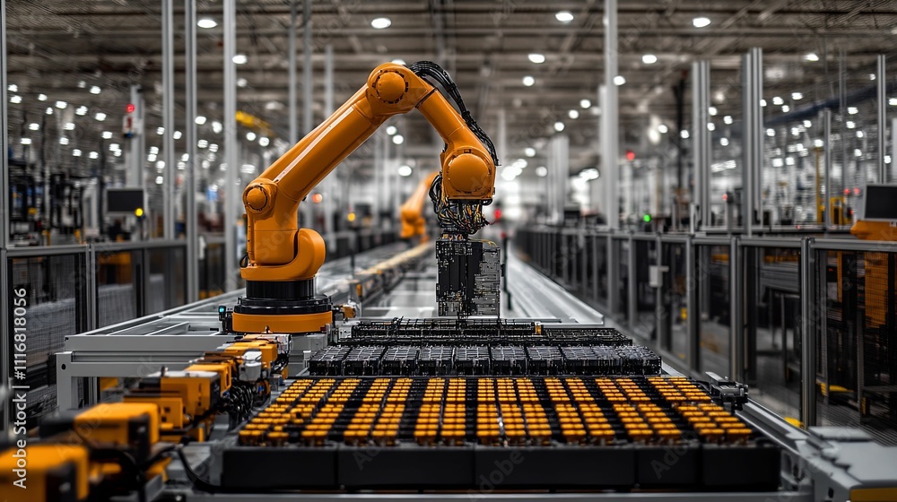 Poster robotic arm assembling battery components in factory