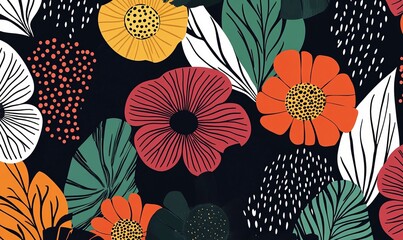 Retro floral pattern, textiles, fabric, pattern, flat, 2d, minimalist, black, background, earthy tones, brown, red, yellow, green, simple, 60s, 70s, sixties, seventies, flower power, abstract vintage