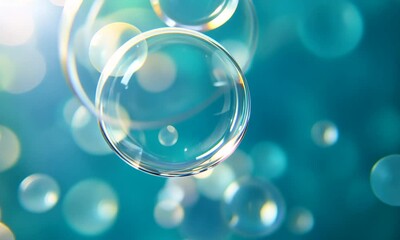 Clear soap bubbles floating on a soft blue background