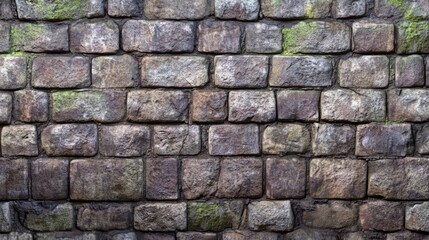 Fototapeta premium Stone brick wall with rough texture and subtle moss growth, realistic surface