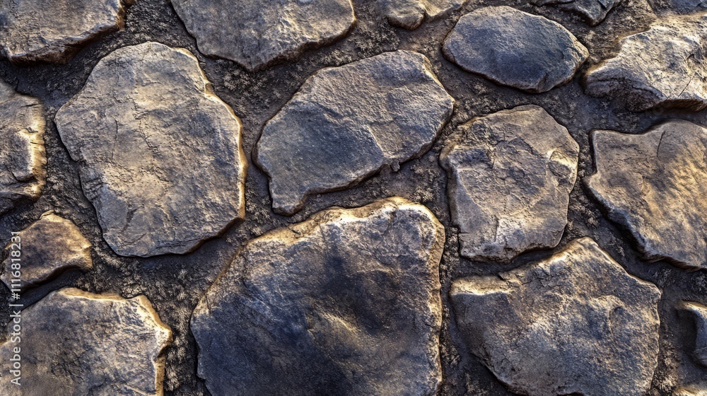 Poster a rough stone path texture with irregular shapes and deep grooves.