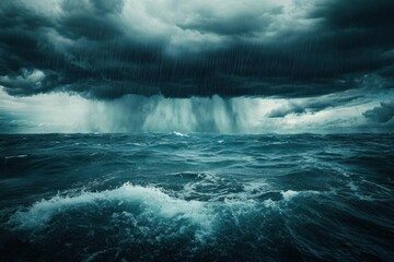 Fototapeta premium Dark storm clouds loom over turbulent ocean waters, threatening rain.