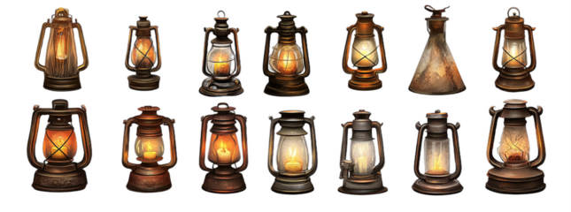 vintage lantern collection, warm glow, rustic design, metal lanterns, diverse shapes, antique style, soft ambient light, detailed illustration, cozy atmosphere, realistic textures
