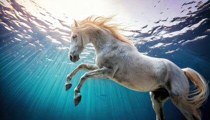 Fototapeta premium stunning art with beautiful white horse diving in ocean and bathing in sun rays. Digital art 