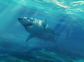 Fototapeta premium Great white shark and sun rays