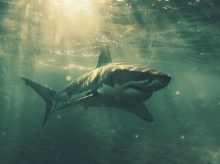 Fototapeta premium Great white shark and sun rays
