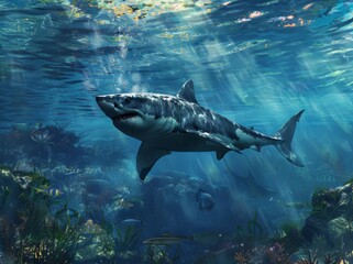 Fototapeta premium Great white shark and sun rays