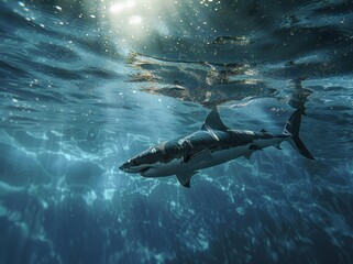 Fototapeta premium Great white shark and sun rays