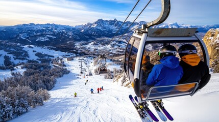 A ski gondola transports enthusiasts over picturesque snow-covered mountains, epitomizing winter sports excitement and the thrill of majestic alpine scenery.