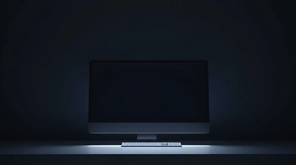 A dimly lit workspace featuring a computer monitor and keyboard.