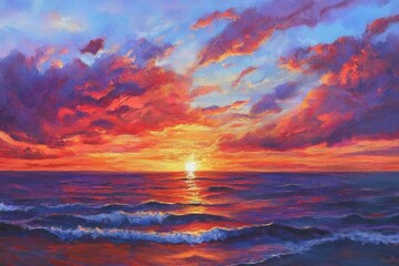 Fototapeta premium A vibrant sunset over the ocean with colorful clouds reflecting on water.