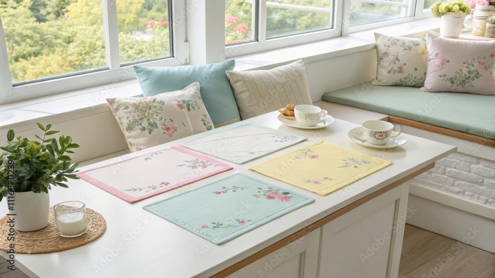 Poster four pastel colored place mats with floral embroidery lie on a white table in a bright breakfast noo