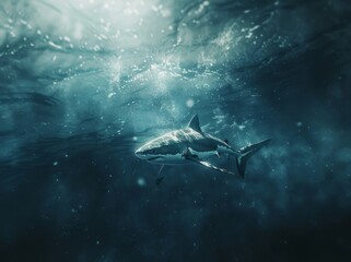 Fototapeta premium Great white shark and sun rays