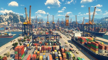 Naklejka premium A bustling shipping port with cranes, containers, and vessels in a vibrant industrial landscape.