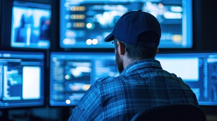 Fototapeta premium A focused individual monitors multiple screens in a tech-savvy environment, likely engaged in data analysis or cybersecurity tasks.