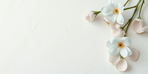 Delicate pastel pink petals scattered across a soft gray or white background with subtle texture, delicate petals,