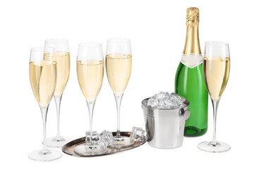 Champagne and bucket with ice isolated on white
