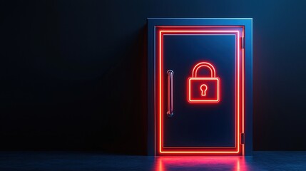 A glowing neon door with a padlock design, symbolizing security and privacy, stands against a dark background.
