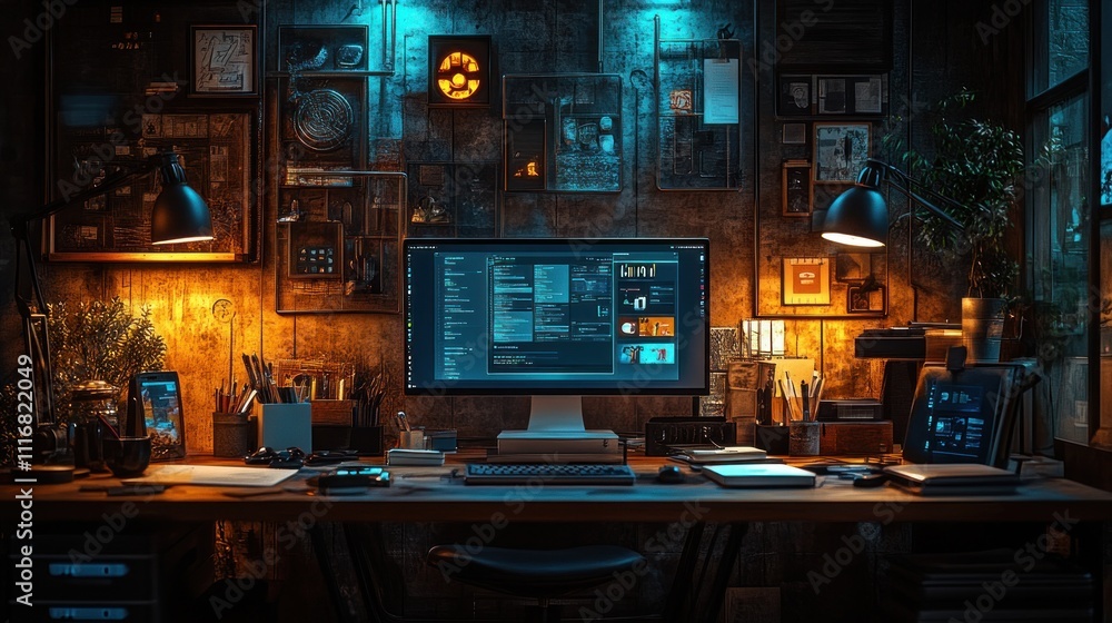 Poster cozy workspace with computer and ambient lighting.