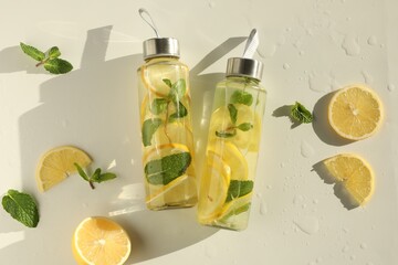 Fototapeta premium Lemon water with mint in bottles, fresh fruits and leaves on white table, flat lay