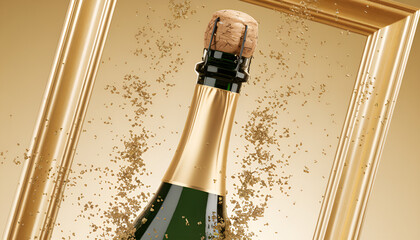 Closed champagne bottle, festive mood, cork in place with golden confetti, framed background