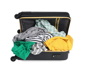 Packed suitcase full of clothes isolated on white