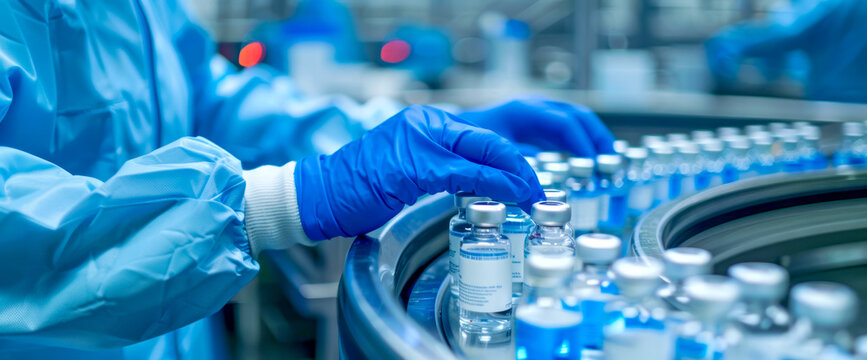Vials of new medication on a conveyor belt. Mass pharma industrial production