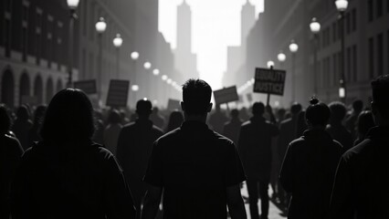 Fototapeta premium “Silhouette of a large crowd marching together, holding signs for equality and justice, evoking historic civil rights protests. The scene symbolizes unity, strength, and progress.”