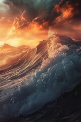 ambient cinematic moody lighting, photo-realistic fantasy illustration,big surfing waves, 8k, 3D, 