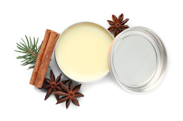 Natural solid perfume, fir twig and condiments isolated on white, top view